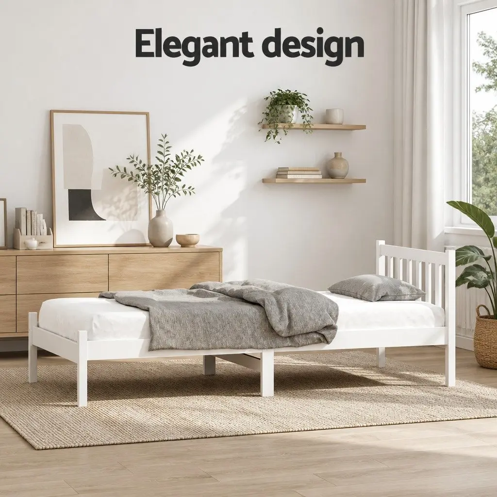 Single Bed Frame White Pine Wood Slat Base Headboard
