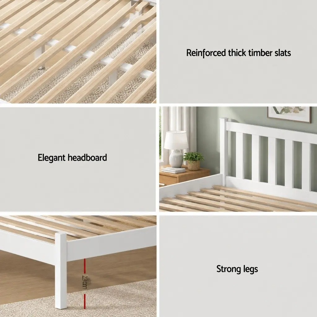 Single Bed Frame White Pine Wood Slat Base Headboard