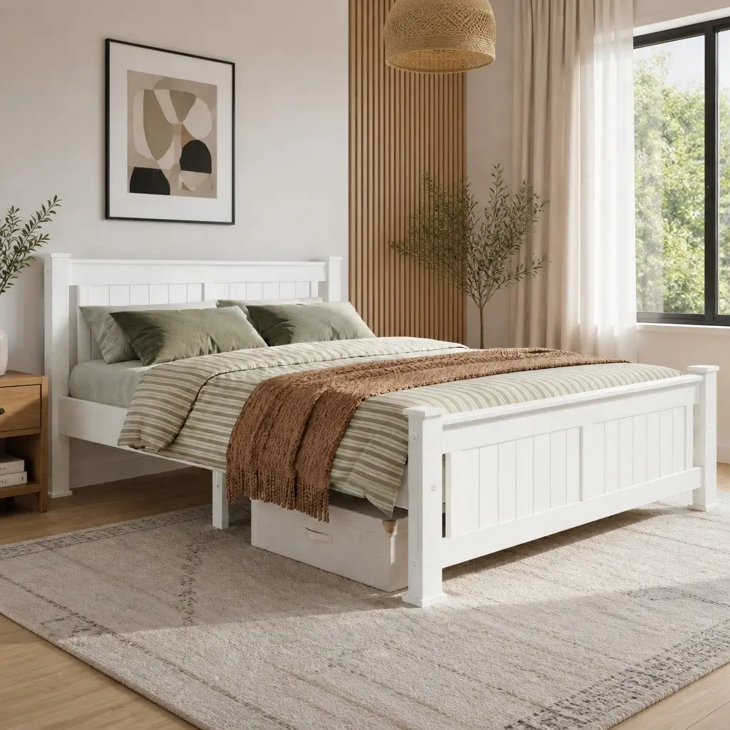 Wooden Double Bed Frame White Heavy-Duty Steel Fixings 204cm x 149cm Slat Base