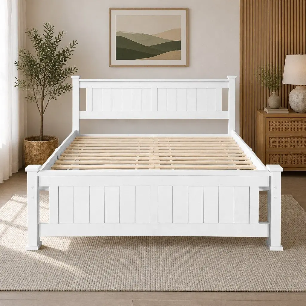Wooden Double Bed Frame White Heavy-Duty Steel Fixings 204cm x 149cm Slat Base