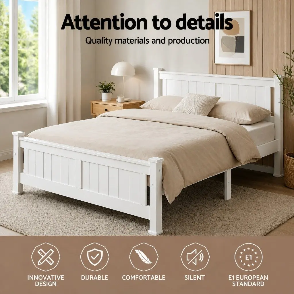 Wooden Double Bed Frame White Heavy-Duty Steel Fixings 204cm x 149cm Slat Base