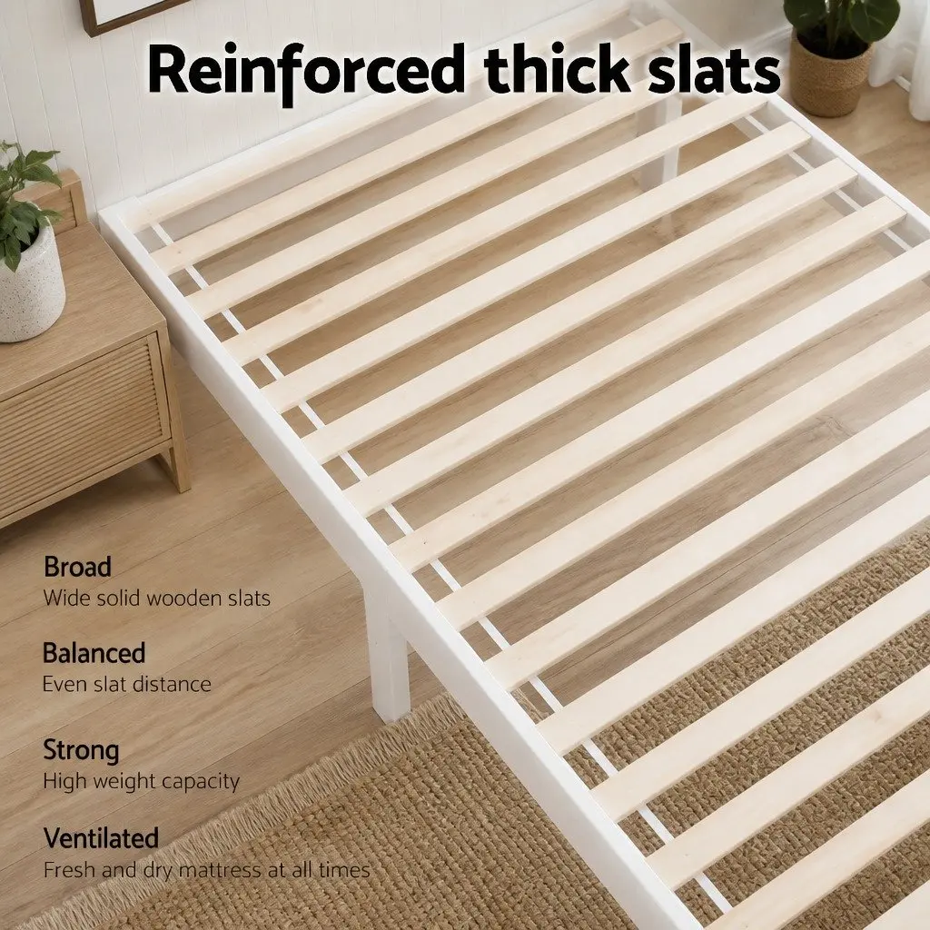 Wooden Double Bed Frame White Heavy-Duty Steel Fixings 204cm x 149cm Slat Base