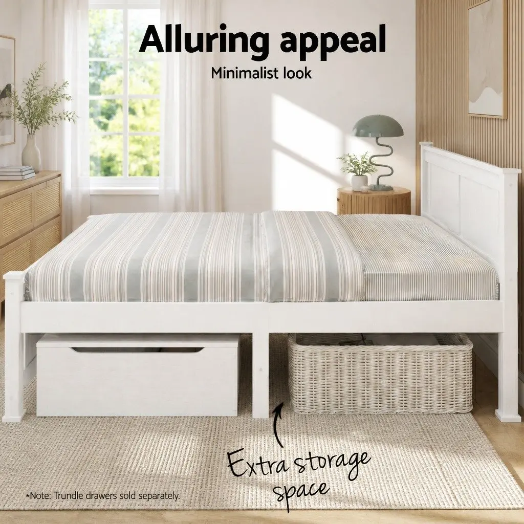 Wooden Double Bed Frame White Heavy-Duty Steel Fixings 204cm x 149cm Slat Base
