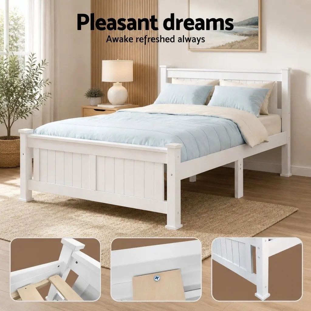 Wooden Double Bed Frame White Heavy-Duty Steel Fixings 204cm x 149cm Slat Base