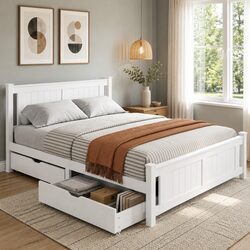 Double Bed Frame with Pine Wood Storage Drawers