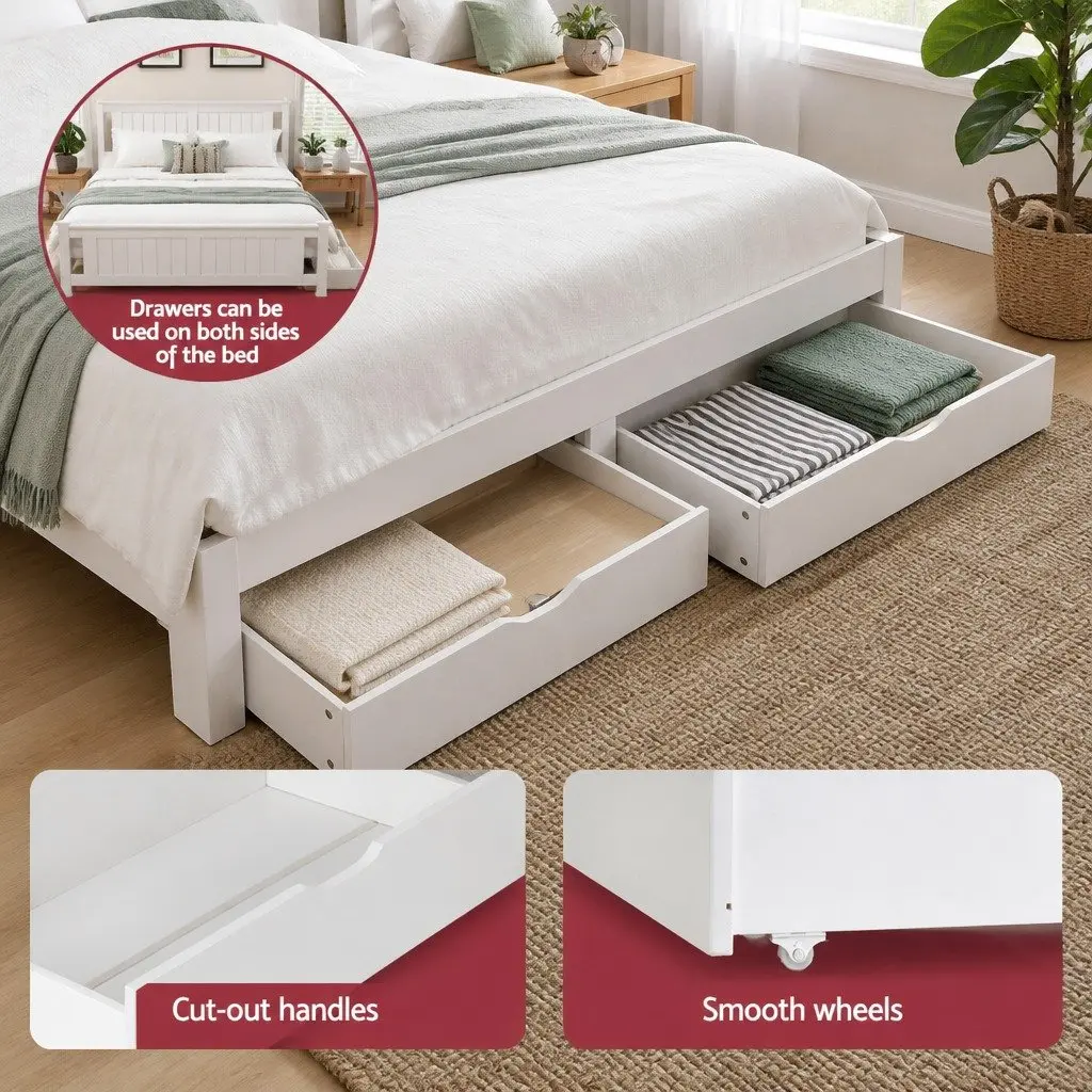 Double Bed Frame Wooden Storage Drawers White 204cm x 149cm