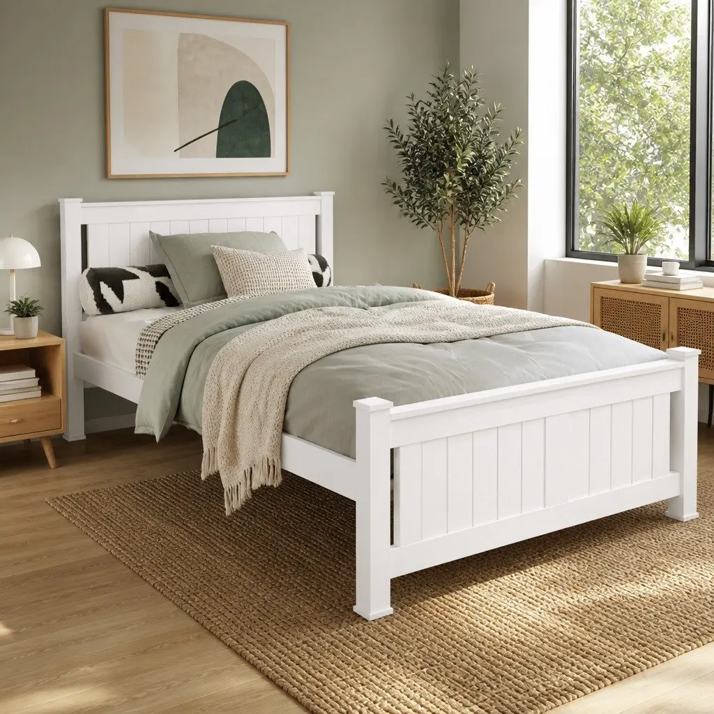 King Single Bed Frame Solid Pine Wood Sturdy Construction White