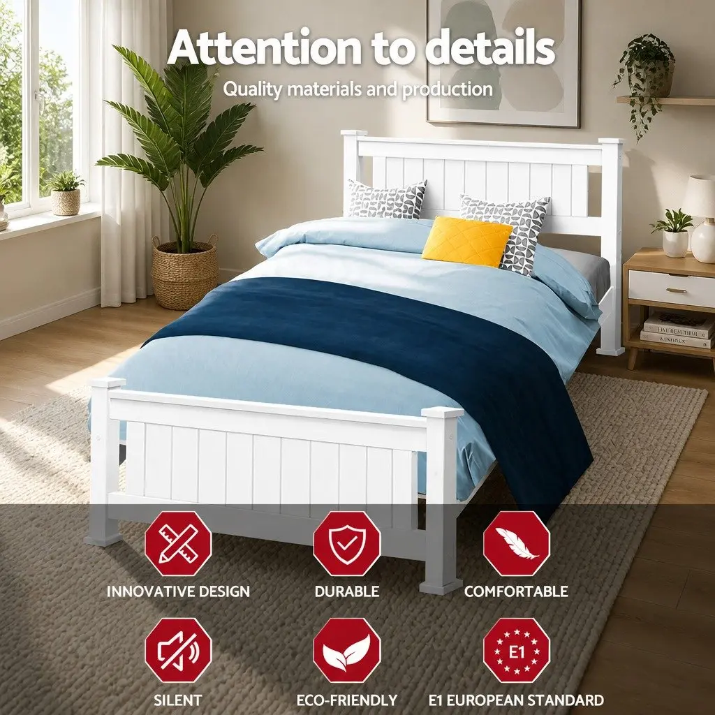 King Single Bed Frame Solid Pine Wood Sturdy Construction White