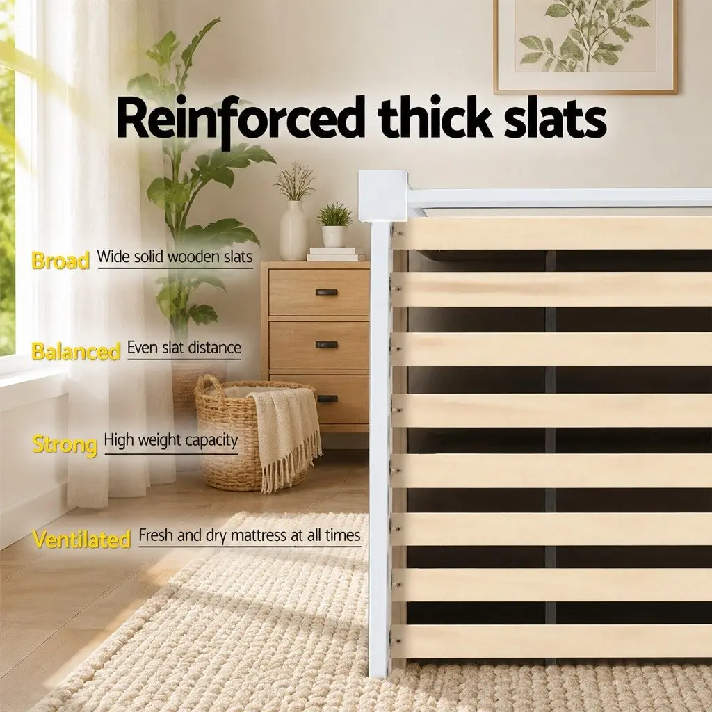 King Single Bed Frame Solid Pine Wood Sturdy Construction White