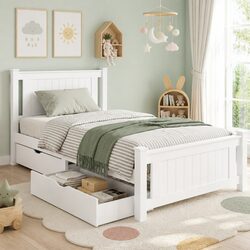 King Single Size White Wooden Bed Frame with Drawers