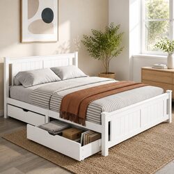 White Queen Bed Frame with Storage Drawers and Timber Slats