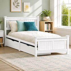 Single Bed Frame in White with Two Storage Drawers
