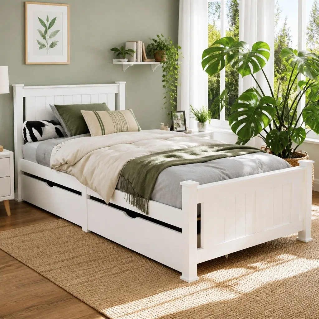 Wooden Single Bed Frame with 2 Storage Drawers White Pine Slat Base Suitable for Kids and Adults