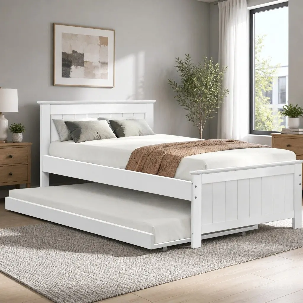 King Single Trundle Bed Frame Solid Pine White Pull-Out Guest Bed