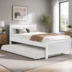 King Single White Trundle Daybed with Solid Pine Frame