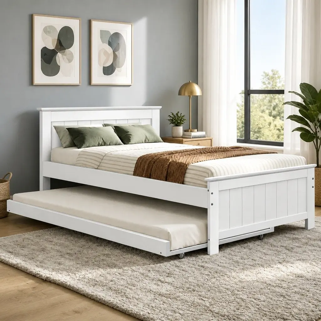 King Single Trundle Bed Frame Solid Pine White Pull-Out Guest Bed