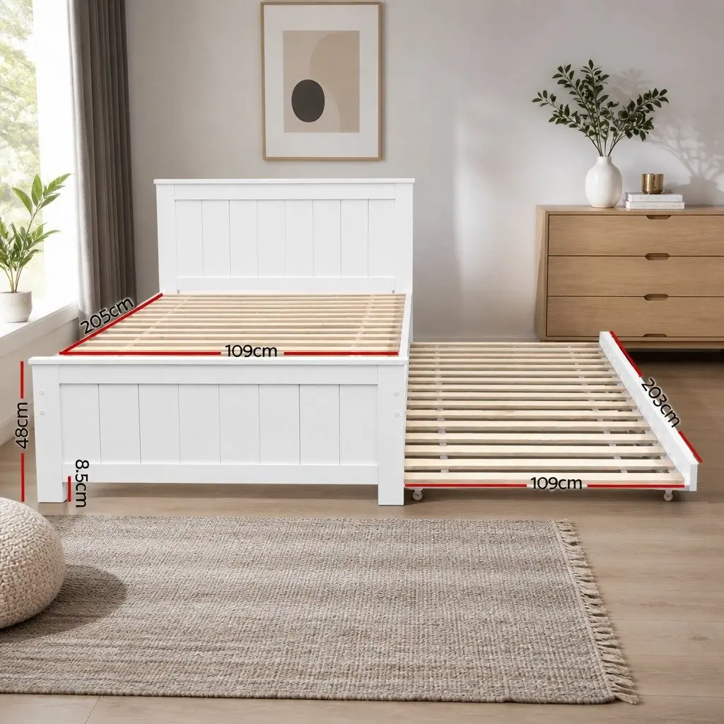 King Single Trundle Bed Frame Solid Pine White Pull-Out Guest Bed