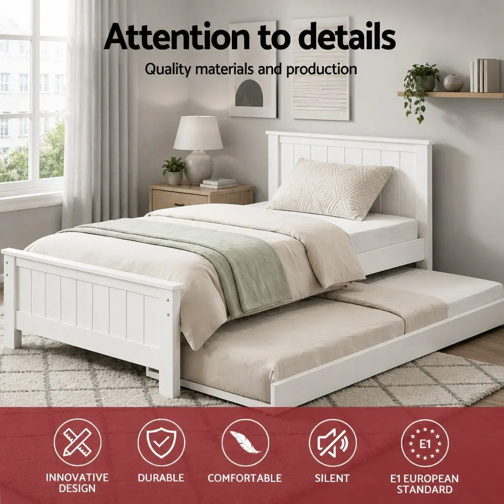 King Single Trundle Bed Frame Solid Pine White Pull-Out Guest Bed