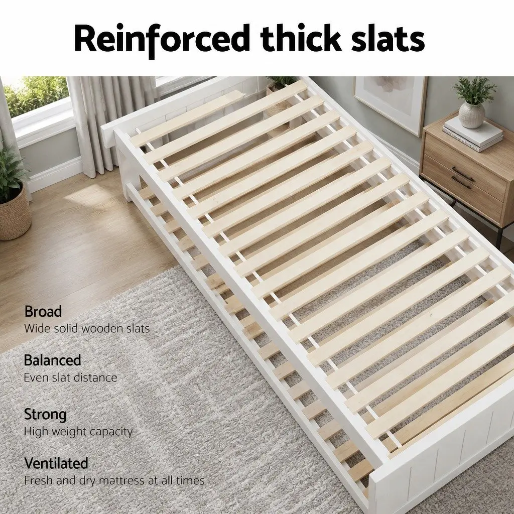 King Single Trundle Bed Frame Solid Pine White Pull-Out Guest Bed