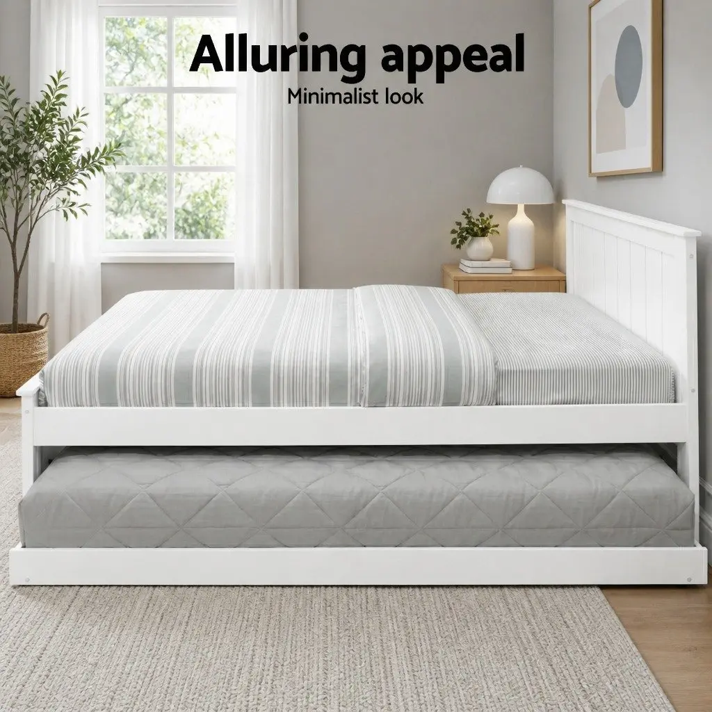 King Single Trundle Bed Frame Solid Pine White Pull-Out Guest Bed