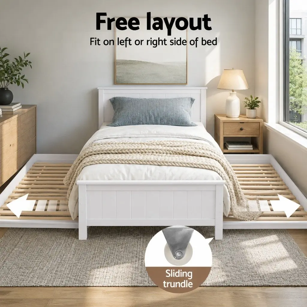King Single Trundle Bed Frame Solid Pine White Pull-Out Guest Bed