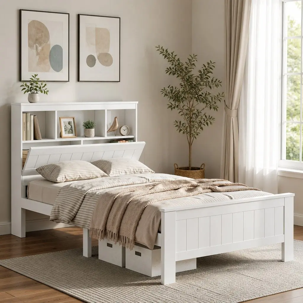 King Single Bed Frame in White with Storage Headboard