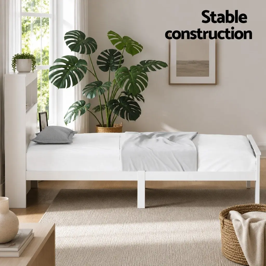 King Single Bed Frame in White with Storage Headboard