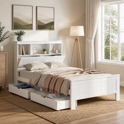 King Single Bed Frame with Storage Drawers and White Headboard