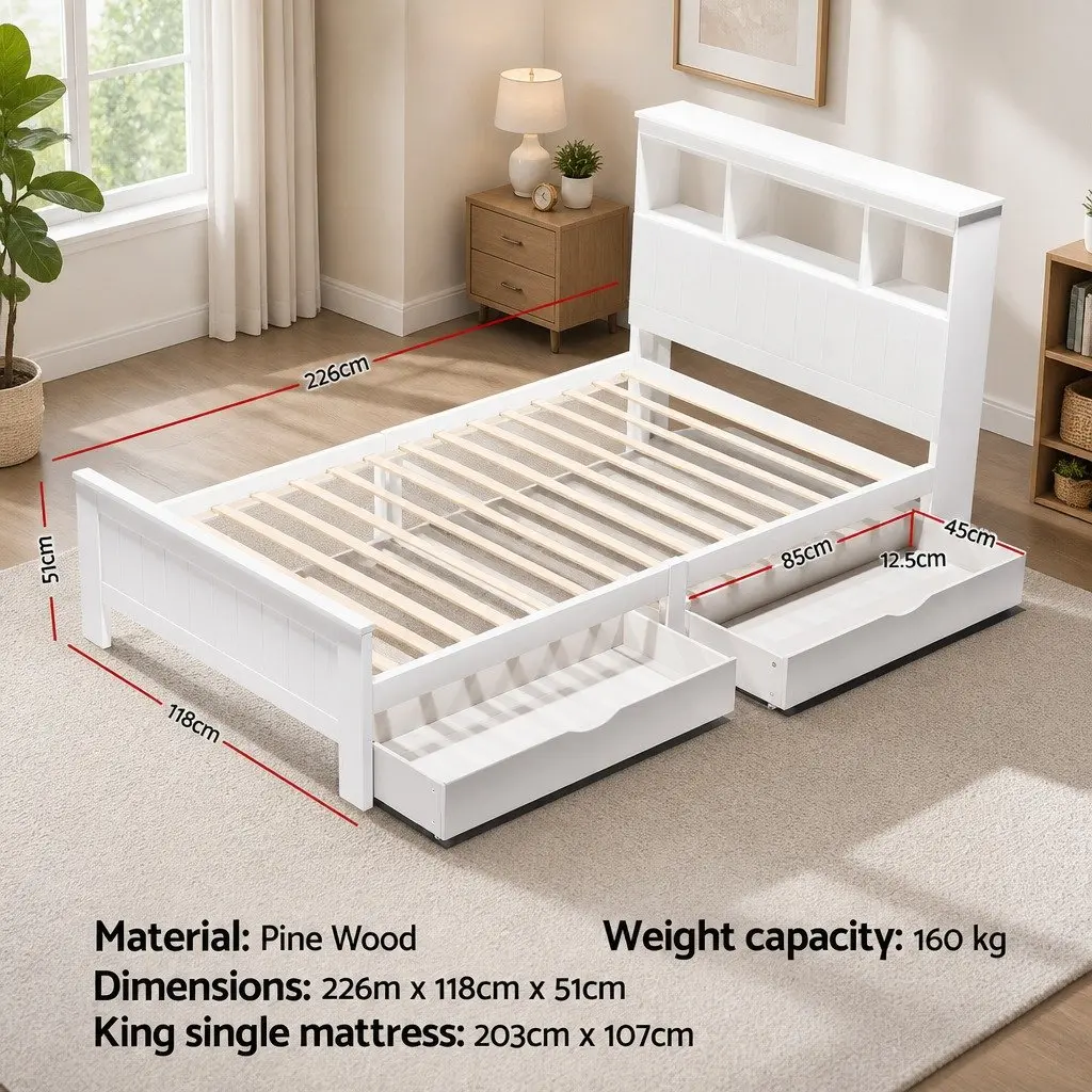King Single Bed Frame Wooden Storage Drawers White