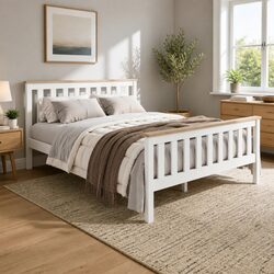 White Wooden Double Bed Frame with Reinforced Support