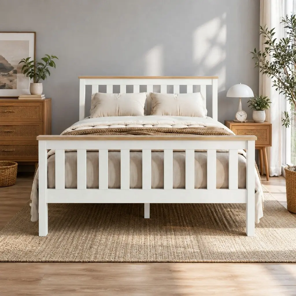 Wooden Double Bed Frame Two-Tone White Solid Pine Construction Fits Standard Australian Mattress 200cm x 147cm x 82cm