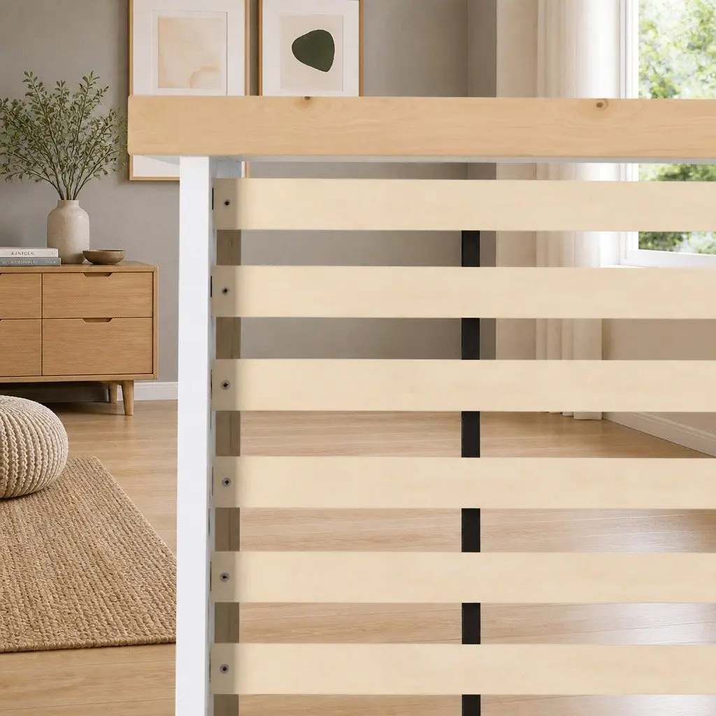 Wooden Double Bed Frame Two-Tone White Solid Pine Construction Fits Standard Australian Mattress 200cm x 147cm x 82cm