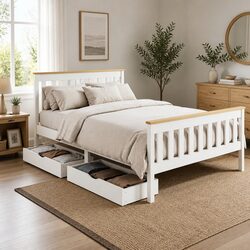 Wooden Double Bed Frame with Storage Drawers in White