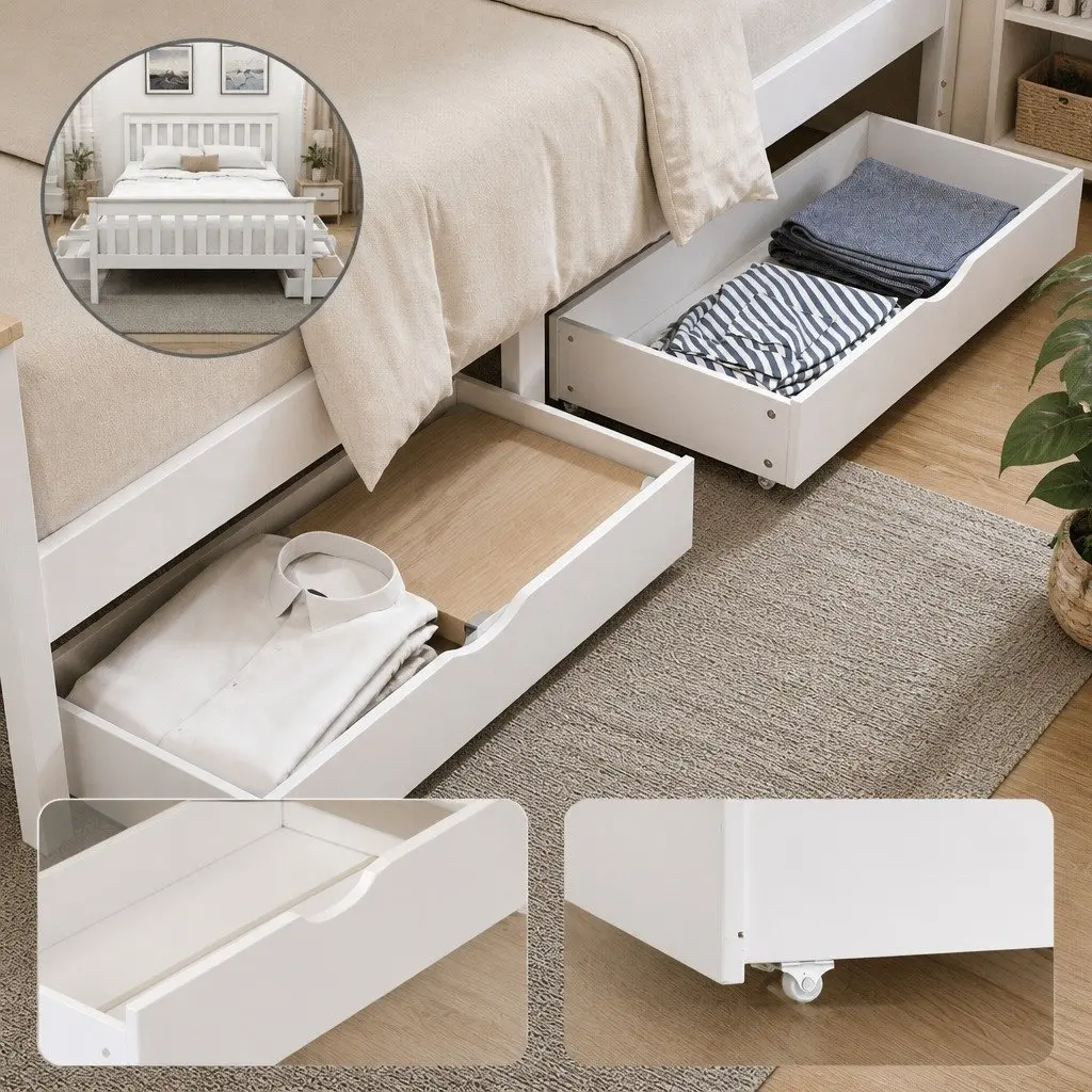 Double Bed Frame Wooden Storage Drawers White