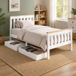 Single Bed Frame with Two Storage Drawers in White