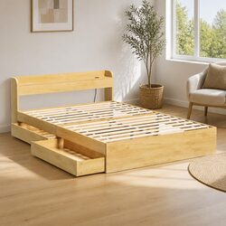 Double Bed Frame Featuring USB Ports and Two Storage Drawers