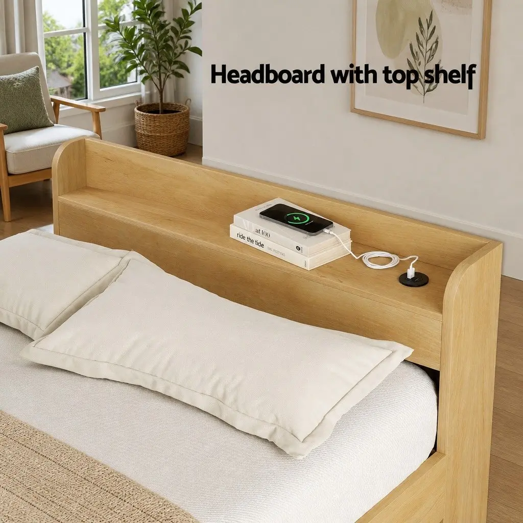 Double Bed Frame with USB Charging Ports and Storage Drawers Pine Wood 211x142x70cm