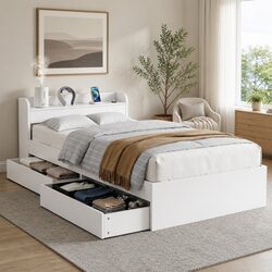 King Single Bed Frame in White with Storage and USB Ports