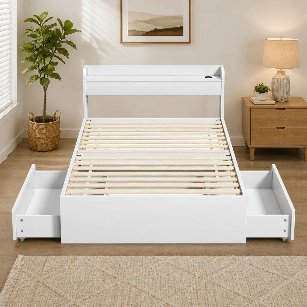 Bed Frame Multifunctional with USB Charging Ports King Single White