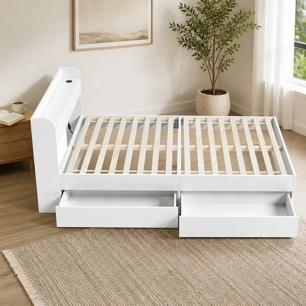 Bed Frame Multifunctional with USB Charging Ports King Single White