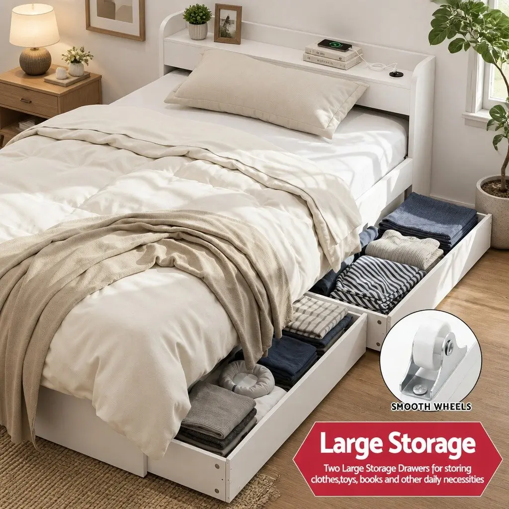 Bed Frame Multifunctional with USB Charging Ports King Single White