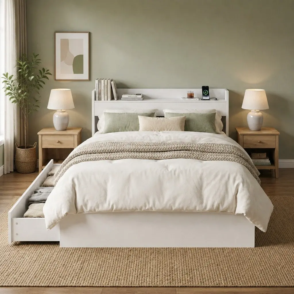 Bed Frame Multifunctional with USB Charging Ports King Single White