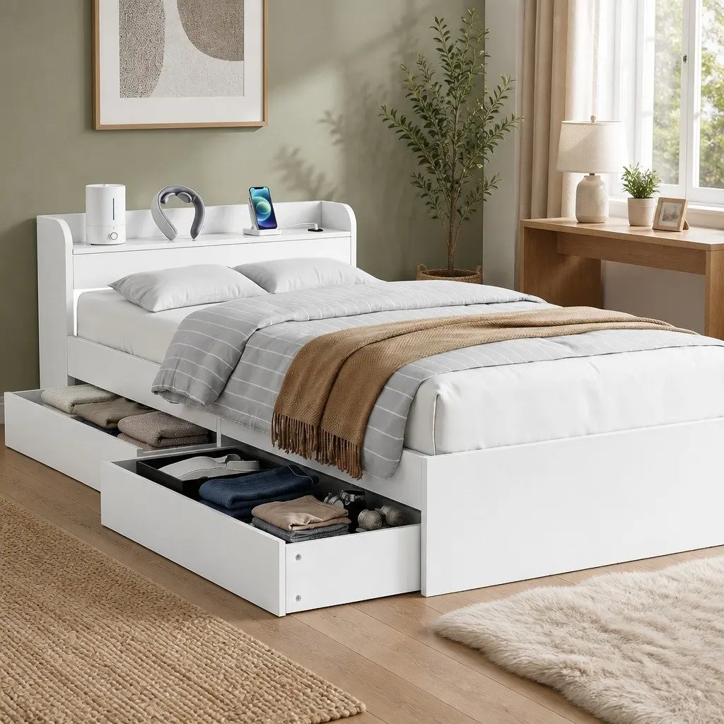 Bed Frame Multifunctional with USB Charging Ports King Single White