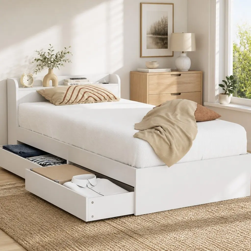 Single Bed Frame White with Storage Drawers USB Charging Ports Plywood 211x96x70cm