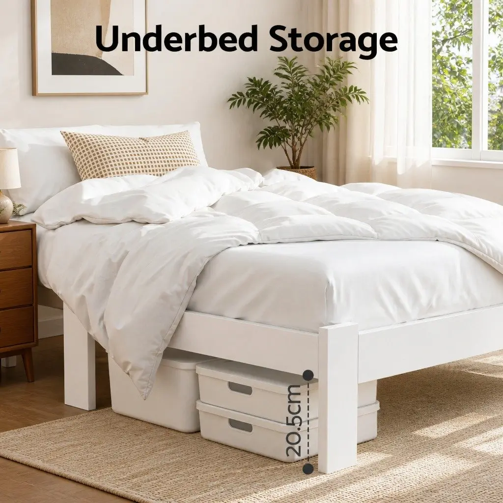 King Single Bed Frame White Pine Solid Construction Underbed Storage 210cm Length 115cm Width 30cm Height