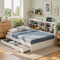 Double Bed Frame with Storage Headboard and Charging Station