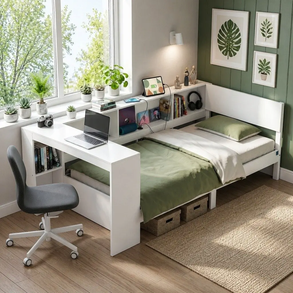 Corner Bed Frame with Desk Storage and USB-C Charging Port