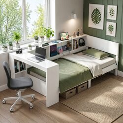 Corner Bed Frame with Desk Storage and USB-C Charging Port