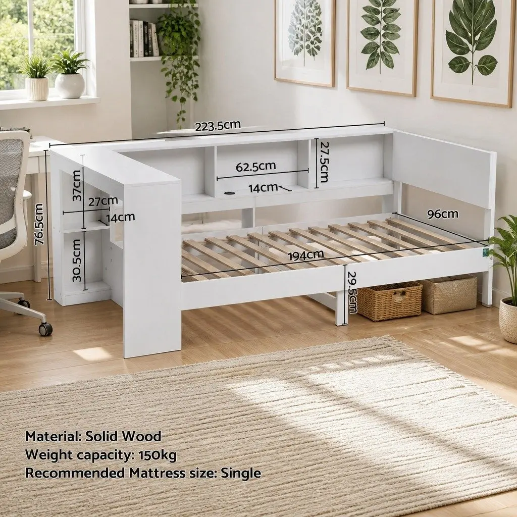 Corner Bed Frame with Desk Storage and USB-C Charging Port