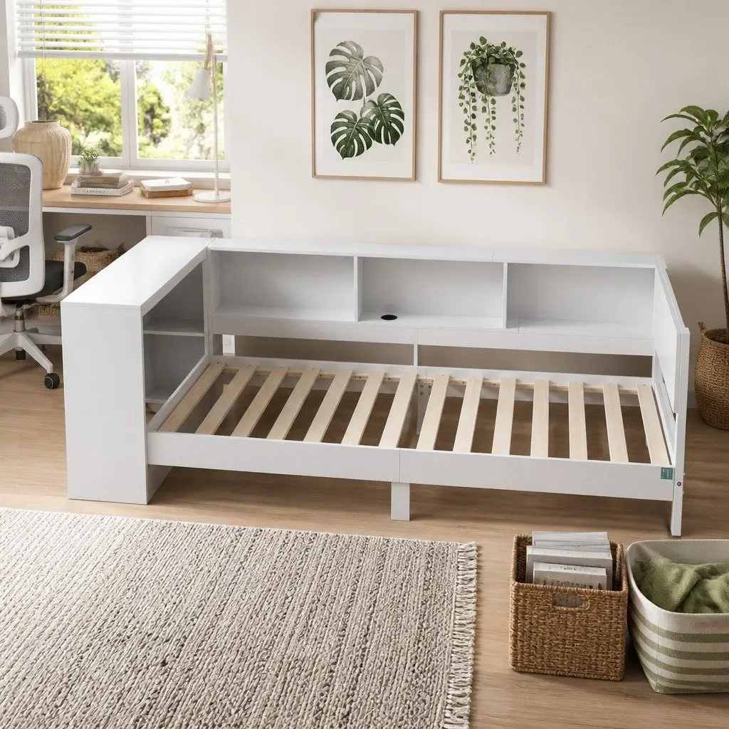Corner Bed Frame with Desk Storage and USB-C Charging Port